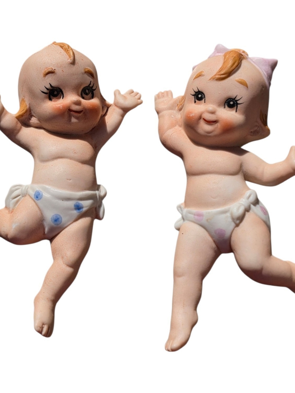 Vintage Japan Kewpie Baby Wall Plaques Boy Girl Ceramic Figurines Pair